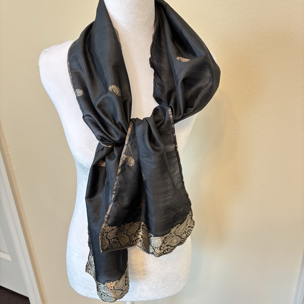 Royal Silk Scarf Black Silk With Gold Metallic Motif And Trim Elegant Art Lux